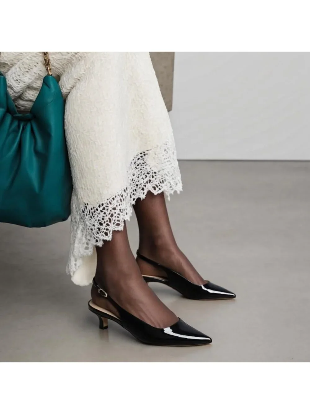 Women's Black Kitten Heel Slingback Pointed Closed Toe Ankle Strap Elegant Shoes